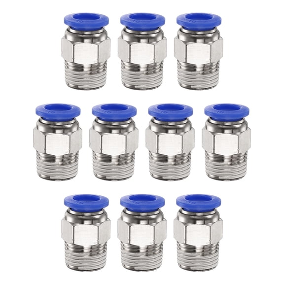 Uxcell 10pcs Push to Connect Fitting 10mm Tube OD x 3/8" NPT Thread Male Straight Quick Connector Copper Air Line Hose Fittings for Industry Air System PC10-N03, Blue