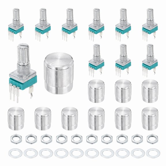 Uxcell 10pcs RK097N B500K Potentiometer, 3Pin Single Linear Rotary Seal Amplifier Logarithmic Potentiometers 15mm Knurle Shaft with Silver 15x17mm Knob Vertical for Audio Amplifier