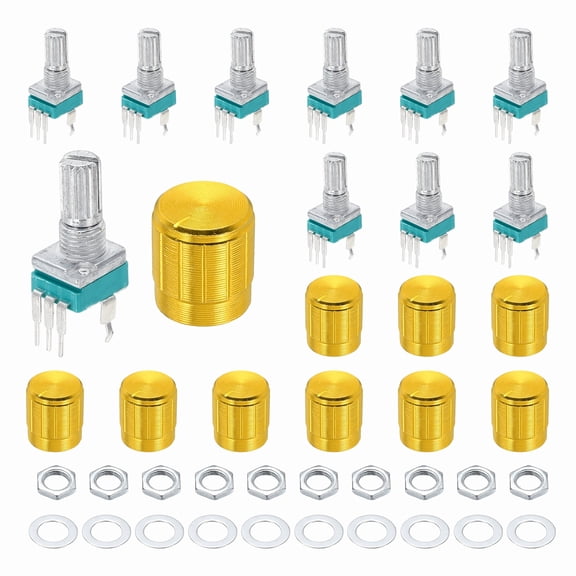 Uxcell 10Pcs 3Pin RK097N B500K Potentiometer 15mm Knurled Shaft with Gold 15x17mm Knob