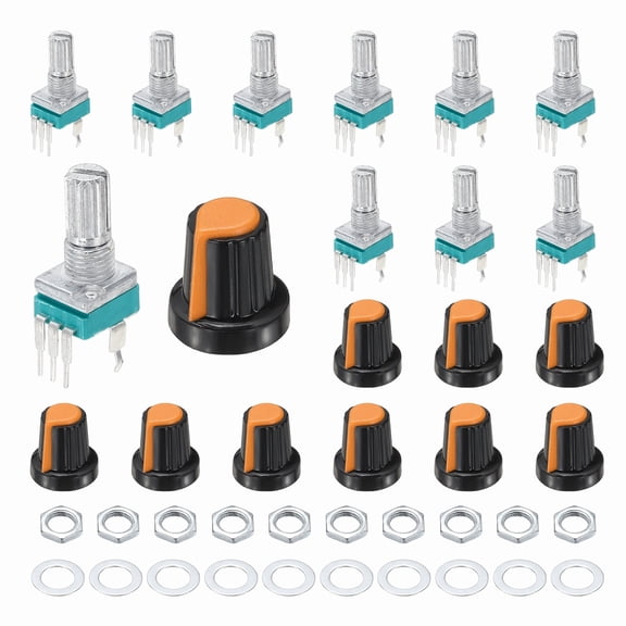 Uxcell 10pcs RK097N B500K Potentiometer, 3Pin Single Linear Rotary Seal Amplifier Logarithmic Potentiometers 15mm Knurled Shaft with Orange AG2 Knob Vertical for Audio Amplifier