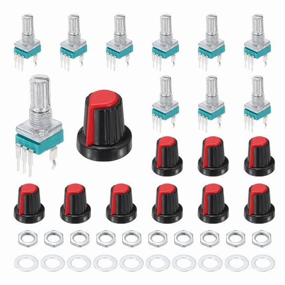 Uxcell 10pcs RK097N B500K Potentiometer, 3Pin Single Linear Rotary Seal Amplifier Logarithmic Potentiometers 15mm Knurled Shaft with Red AG2 Knob Vertical for Audio Amplifier