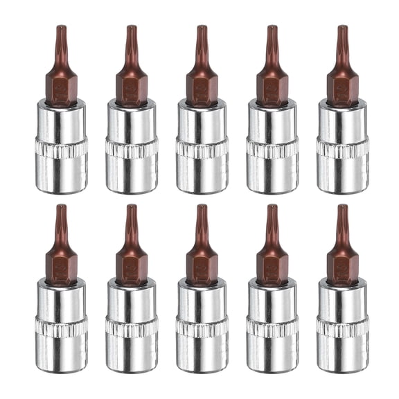 Uxcell 10pcs T10 Torx Bit Socket 1/4" Square Drive Star 6 Point Extension Impact Bit Power Nut Driver Set S2 & CR-V Steel Socket Ratchet Wrench Bits, Silver Red