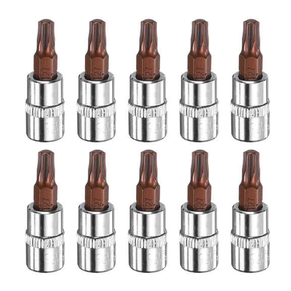 Uxcell 10pcs T27 Torx Bit Socket 1/4" Square Drive Star 6 Point Extension Impact Bit Power Nut Driver Set S2 & CR-V Steel Socket Ratchet Wrench Bits, Silver Red