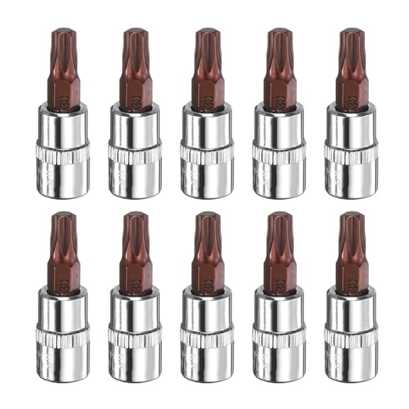 Uxcell 10pcs T30 Torx Bit Socket 1/4" Square Drive Star 6 Point Extension Impact Bit Power Nut Driver Set S2 & CR-V Steel Socket Ratchet Wrench Bits, Silver Red