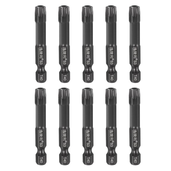 Uxcell 10pcs T40 Torx Screwdriver Bit 1/4" Hex Shank 50mm/2" Length S3 Steel Magnetic Tamper Proof Star 6 Point Head Hex Screw Driver Bits, Black