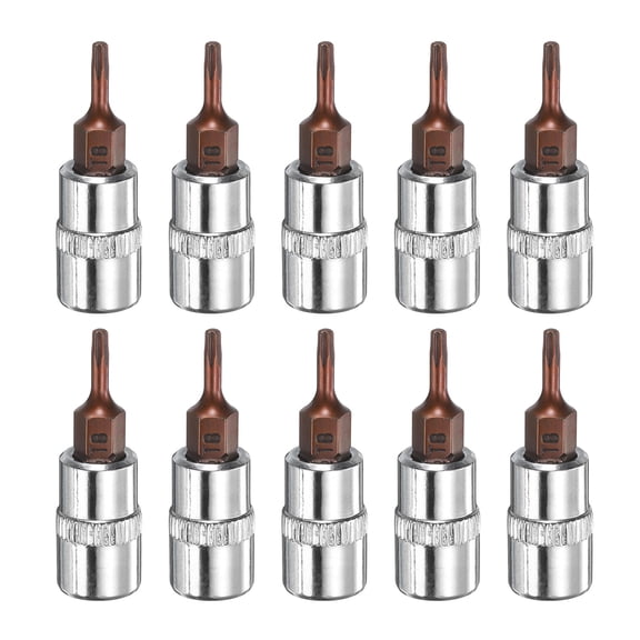 Uxcell 10pcs T8 Torx Bit Socket 1/4" Square Drive Star 6 Point Extension Impact Bit Power Nut Driver Set S2 & CR-V Steel Socket Ratchet Wrench Bits, Silver Red