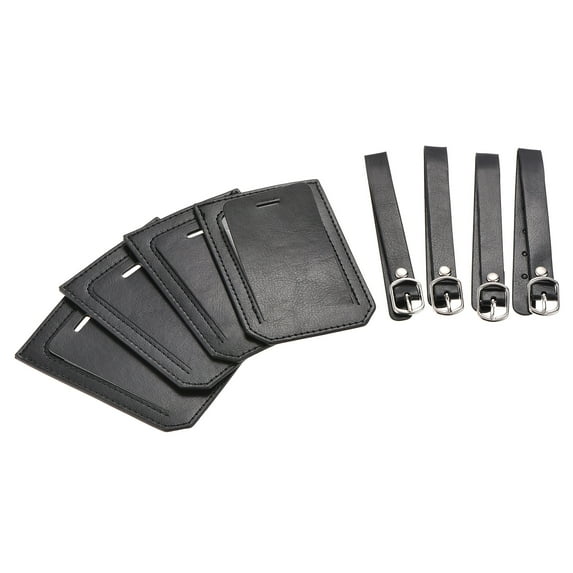 Uxcell 10x7cm Luggage Tag PU Holders Baggage Label Identifier with Straps Black 4 Pack