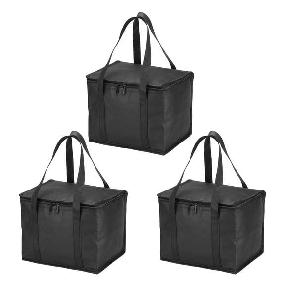 Uxcell 11.4"x9.1"x9.1" Foldable Insulated Reusable Grocery Shopping Bag Food Delivery Tote with Zipper, Black 3 Pack