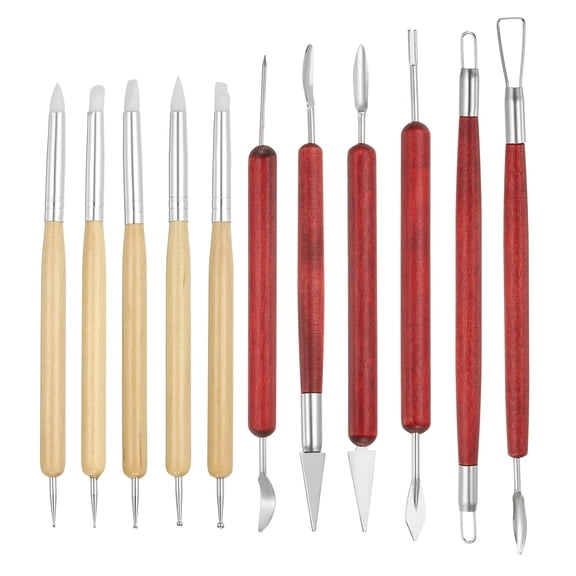 Uxcell 11 Pcs Silicone Clay Sculpting Tool, Polymer Clay Tools Clay Shaping Tool Modeling Dotting Tool, Great for Pottery Clay Craft Painting (Original Wood Color)
