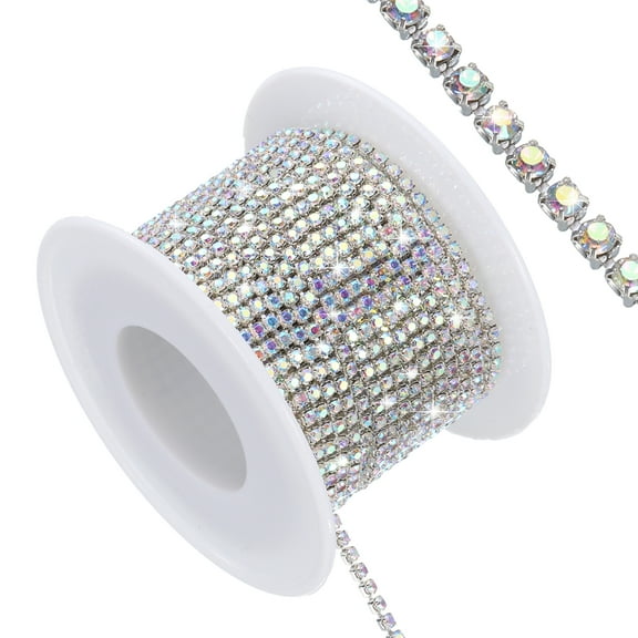 Uxcell 11 Yard Crystal Rhinestone Close Chain Trim, Crystal Rhinestone Diamond Strips, AB Rhinestone with Silver Base