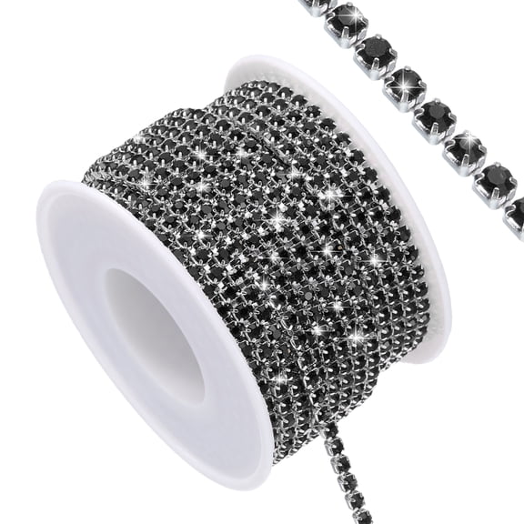 Uxcell 11 Yard Crystal Rhinestone Close Chain Trim, Crystal Rhinestone Diamond Strips forDIY, Black Rhinestone with Silver Base