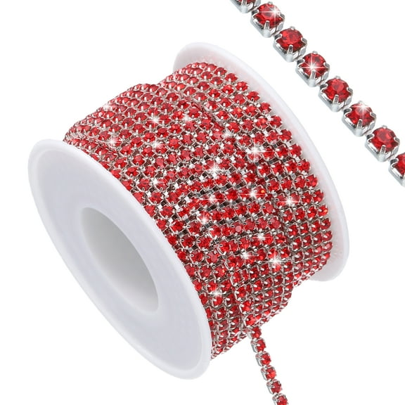 Uxcell 11 Yard Crystal Rhinestone Close Chain Trim, Crystal Rhinestone Diamond Strips forDIY, Red Rhinestone with Silver Base