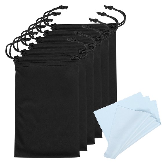 Uxcell 11"x7" Ski Goggle Bag Microfiber Goggle Pouch with Glasses Cloth Draw String, Black 6 Pack