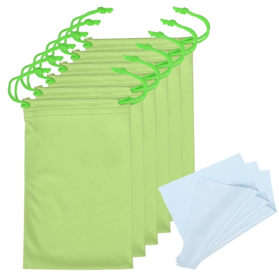 Uxcell 11"x7" Ski Goggle Bag Microfiber Goggle Pouch with Glasses Cloth Draw String, Green 6 Pack