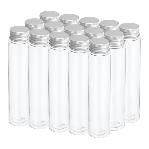 Uxcell 110ml Plastic Test Tubes with Screw Caps, 15Pcs 151x34mm Flat Bottom Tubes for Party Decoration, Silver Tone