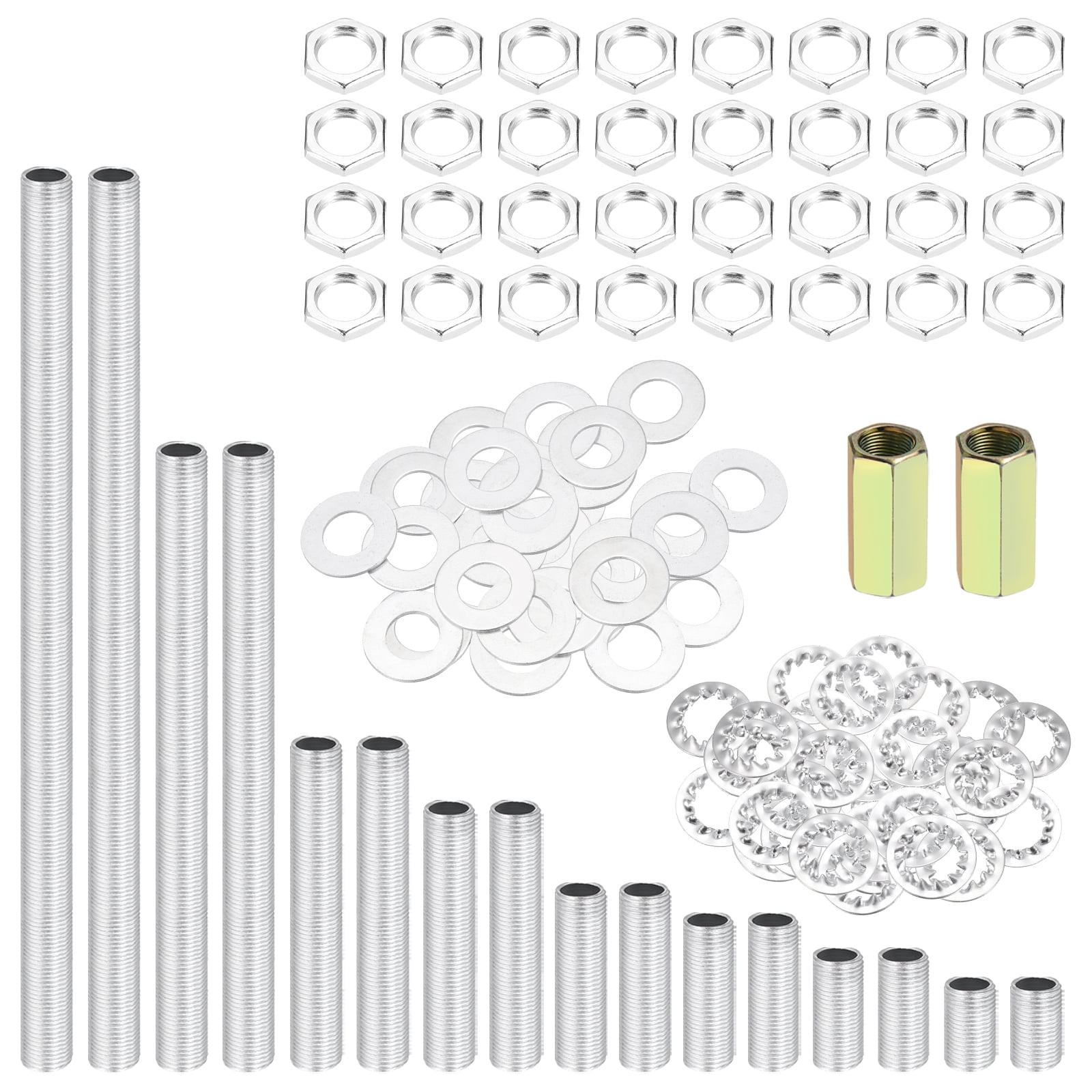 Uxcell 112Pcs 8 Size Lamp Pipe Nipples Kit With Hex Nuts Washers, M10 Fine Threaded Hollow Tube Repair Hardware Fasteners Assortment for Assembly Chandelier Ceiling Lamp DIY, Silver