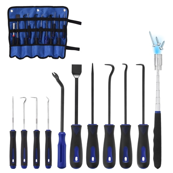 Uxcell 11Pcs Hook and Pick, Straight Head Magnetic Pickup Tool Large Small Hook Short Pry Bar Gasket Scraper for Remove Hoses Gaskets Car Panel Fastener, Blue