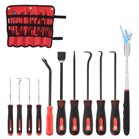 Uxcell 11Pcs Hook and Pick, Straight Head Magnetic Pickup Tool Large Small Hook Short Pry Bar Gasket Scraper for Remove Hoses Gaskets Car Panel Fastener, Red