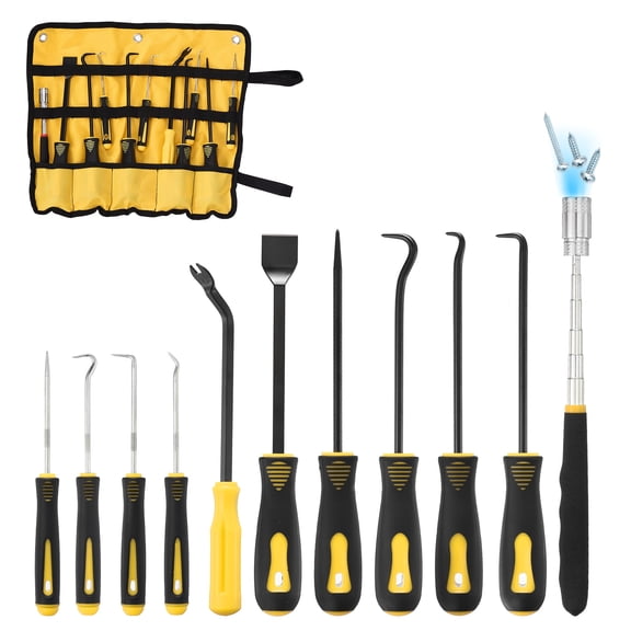 Uxcell 11Pcs Hook and Pick, Straight Head Magnetic Pickup Tool Large Small Hook Short Pry Bar Gasket Scraper for Remove Hoses Gaskets Car Panel Fastener, Yellow