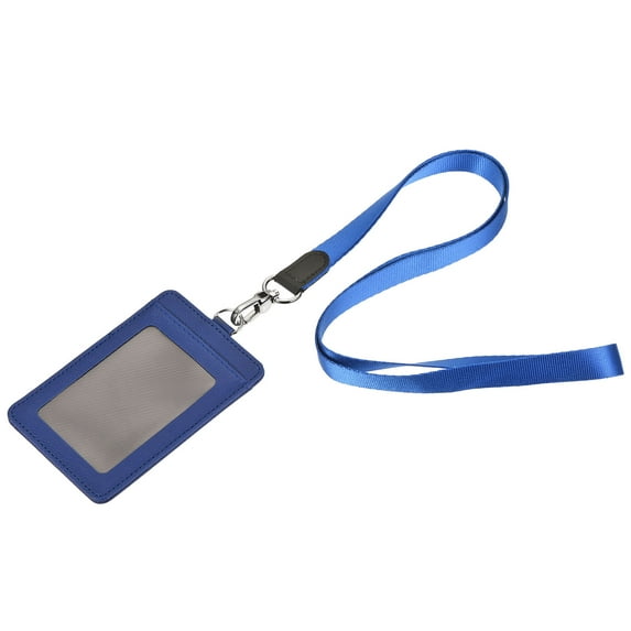 Uxcell 11cm Vertical Badge Holder PU Leather ID Holder Detachable with 2 Slots and Neck Lanyard Dark Blue