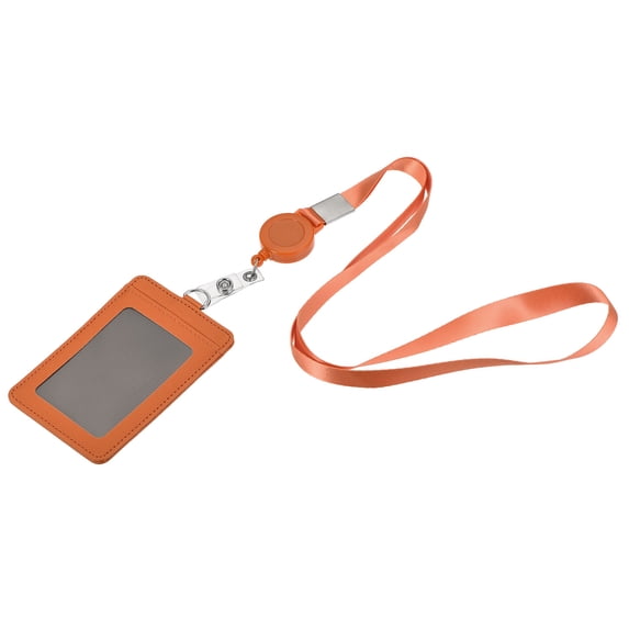 Uxcell 11cm Vertical Badge Holder PU Leather ID Holder Retractable with 2 Slots and Neck Lanyard Orange