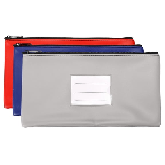 Uxcell 11x6" Money Bank Deposit Bag with Zipper Set, 3 Pcs Leatherette Cash Coin Pouch with Window, Grey Blue Red