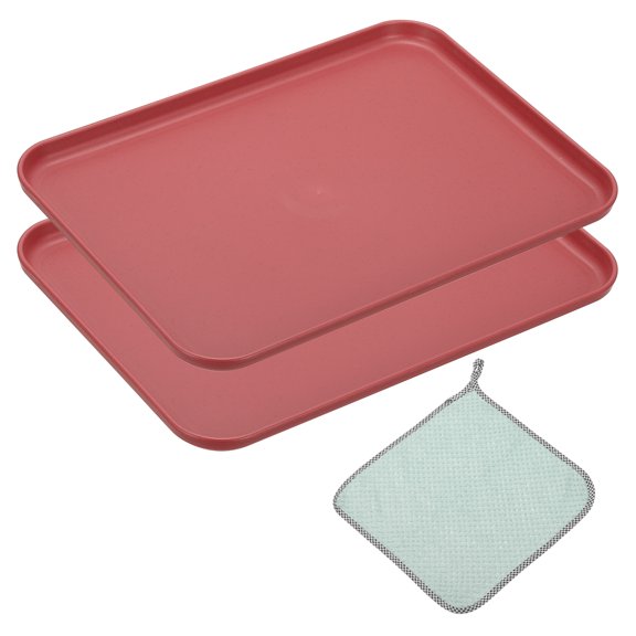 Uxcell 12.1x8.7" Fast Food Serving Trays, 2pcs Restaurant Serving Trays Cleaning Clothes Included PP Multi-Purpose Rectangle Tray, Rose Red
