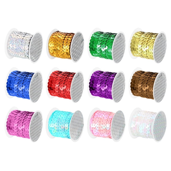 Uxcell 12 Colors 60Yds Flat Sequins Strip, 6mm Spangle Paillette String Spool Roll Sewing String Ribbon