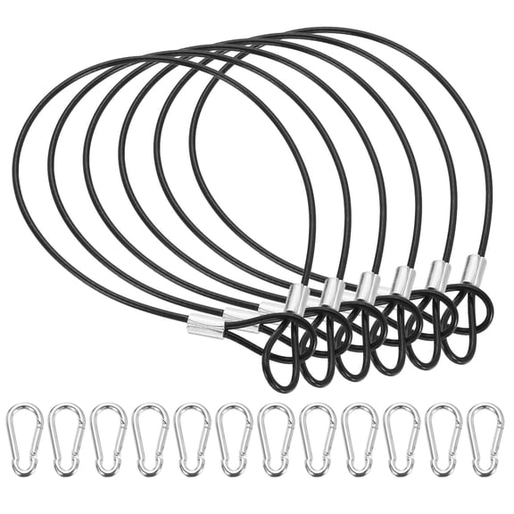 Uxcell 12 Inch Safety Cable Lock, 6 Pcs 304 Stainless Steel Security Wire Ropes Double Loop Anti-Theft Safety with 12 Spring Buckles for Bicycles Luggage Stage Lighting, Black