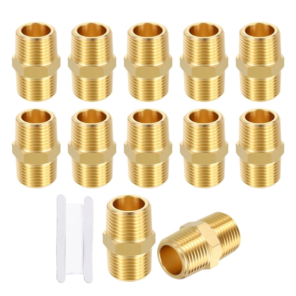 Uxcell 12 Pack Brass Pipe Fittings, 3/8" Male NPT to 3/8" Male NPT Brass Hex Nipple W/ Sealing Tape, Male Pipe Adapter Reducer for Air, Oil, LP