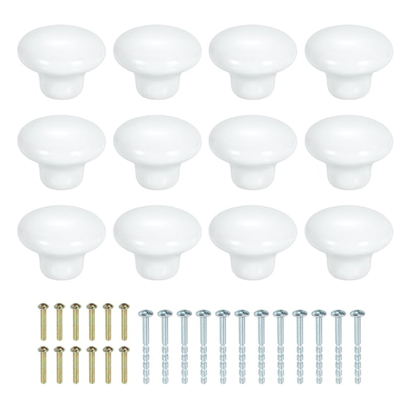 Uxcell 12 Pack Ceramic Cabinet Knobs, 38mm/1.5" Mushroom Round Shaped Drawer Knobs Dresser Knob Pulls Handle with Screws for Wardrobes Bedroom Furniture Closet Cupboard, White