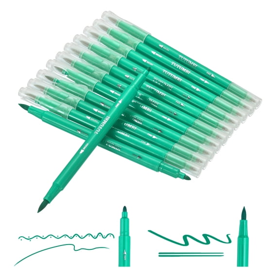 Uxcell 12 Pack Dual Markers Brush Pens, Lake Green Double Tip Colored Pen Coloring Marker Set Supplies for Adults Coloring Books Note Taking Writing Calligraphy Drawing Sketching