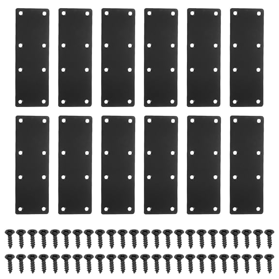 Uxcell 12 Pack Flat Straight Brace Bracket, Fixing Mending Joining Plates Iron Shelf Support Fixing Joining Plate with Screws for Wood Table Chair Bed Fence (5.39"x1.97", Black)