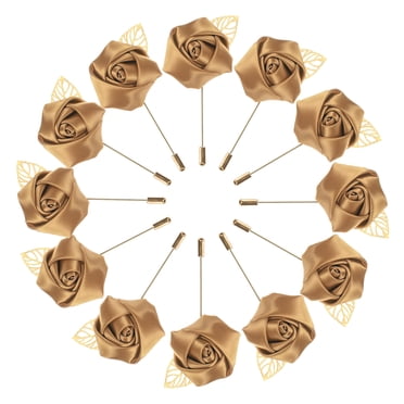 Golden Leaf Rose Boutonniere Lapel Pin - 18 Pack, Satin Flower Corsage For Wedding, Suit, Prom, Party