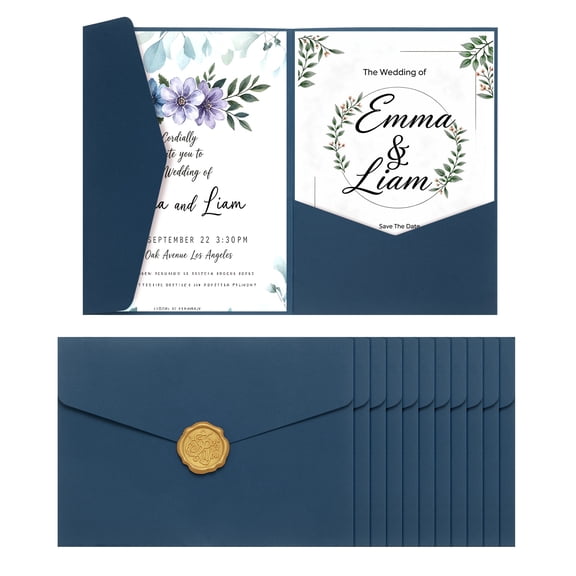 Uxcell 12 Pcs A7 Invitation Pocket Envelopes with Gold Sealing Wax Sticker 5x7" Tri-fold Wedding Invitation Cards for Wedding Birthday Anniversary Graduation Invite Pocket, Blue