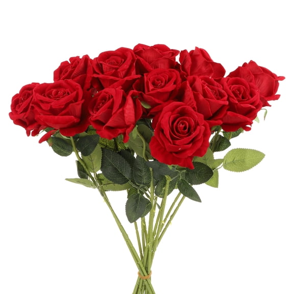 Uxcell 12 Pcs Bright Red Roses Artificial Flowers, Velvet Rose Real Touch Fake Roses with Stems