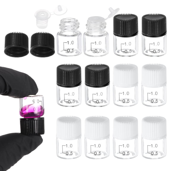 Uxcell 12 Pcs Clear Glass Graduated Vials with Stoppers Screw Caps, 1mL Liquid Sample Storage Empty Vial Leak-Proof for Laboratory Essential Oil Reagents Perfume, Black/White