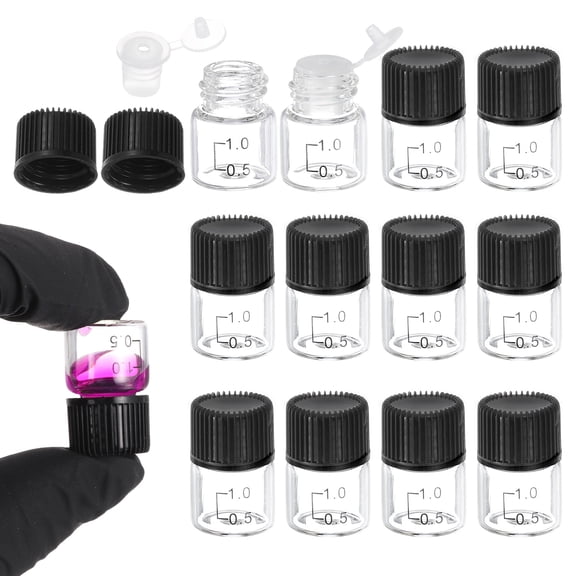 Uxcell 12 Pcs Clear Glass Graduated Vials with Stoppers Screw Caps, 1mL Liquid Sample Storage Empty Vial Leak-Proof for Laboratory Essential Oil Reagents Perfume, Black