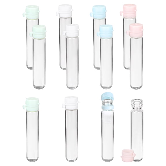Uxcell 12 Pcs Clear Glass Vials with Snap Top Cap, 5ml Small Liquid Sample Vial Leak-Proof Portable Liquid Storage Empty Vial for Perfume Essential Oil Reagents, White/Blue/Green/Pink