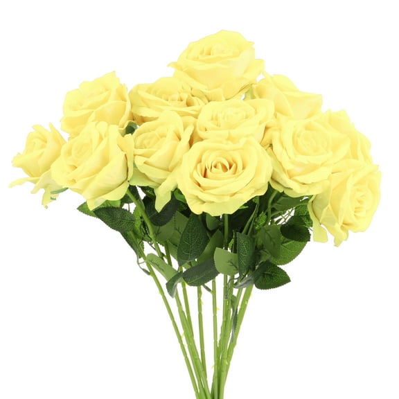 Uxcell 12 Pcs Pale Yellow Roses Artificial Flowers, Velvet Rose Real Touch Fake Roses with Stems