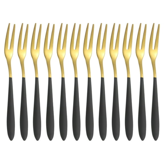 Uxcell 12 Pcs Pickle Fork, 5.2 Inch Olive Fork with Long Handle, Stainless Steel Cocktail Forks, 2-Tine Fork for Dessert Cocktail Fruit and Vegetable Black Gold