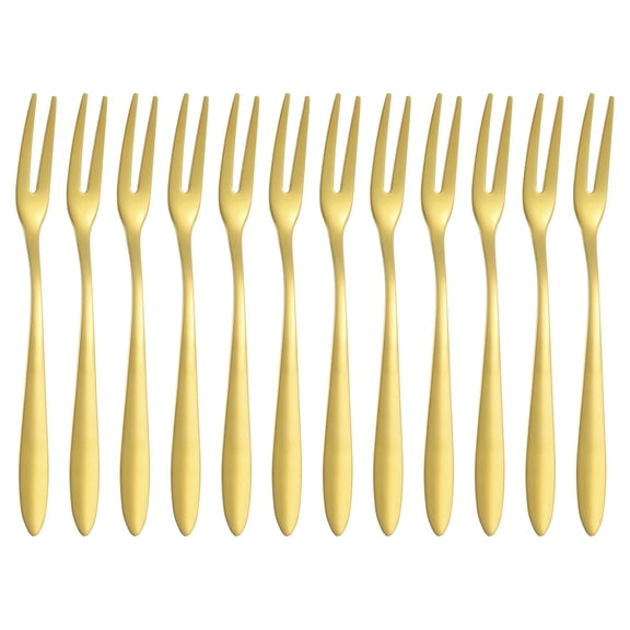 Uxcell 12 Pcs Pickle Fork, 5.2 Inch Olive Fork with Long Handle, Stainless Steel Cocktail Forks, 2-Tine Fork for Dessert Cocktail Fruit and Vegetable Golden