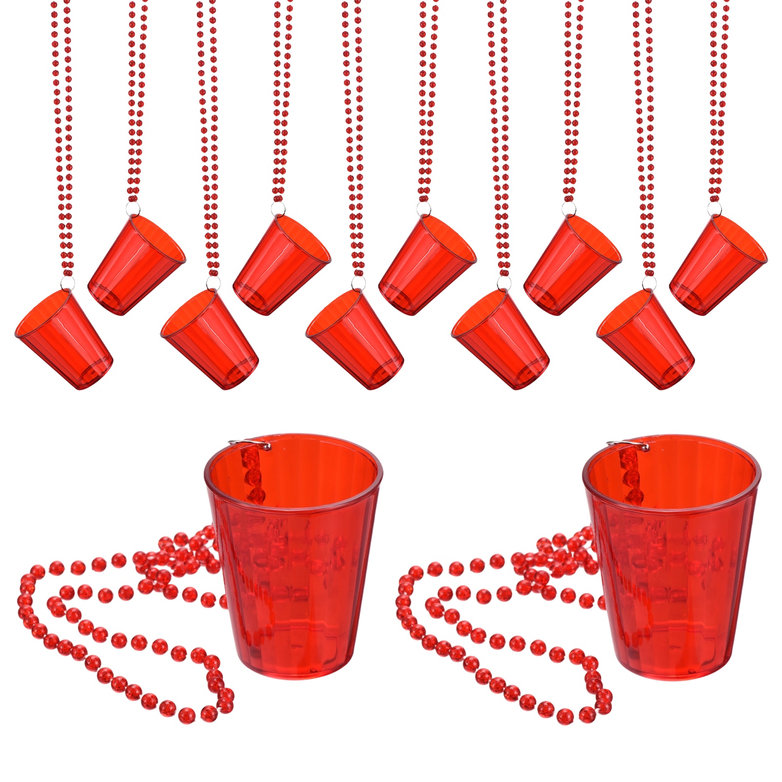 Uxcell 12 Pcs Shot Glass Necklaces, 2 oz Shot Cups on Beaded Necklace, Plastic Glass Cups Bead Chain Striped for Party, Red