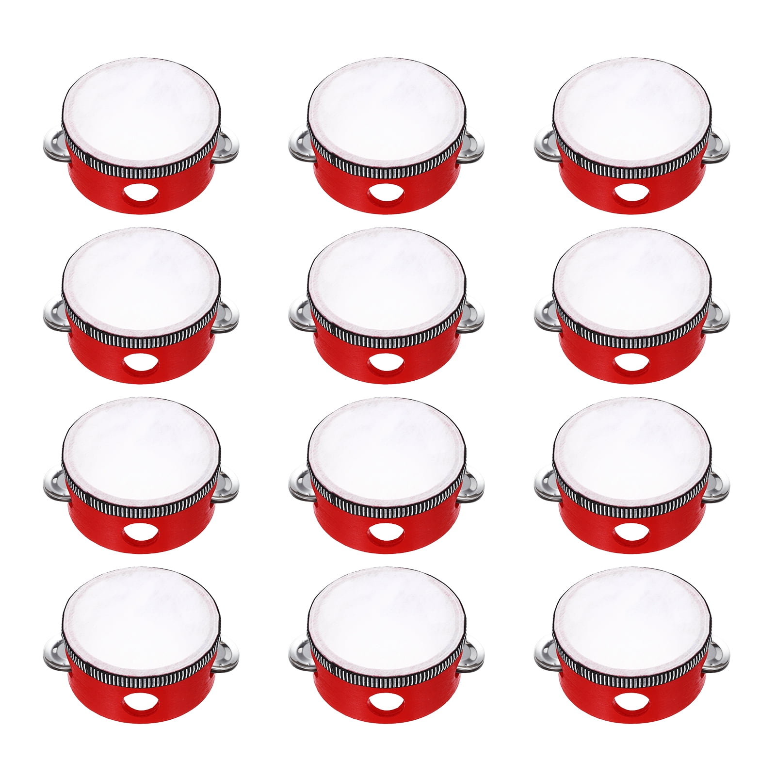 Uxcell 12 Pcs Tambourine Drum 4 Inch Wood Hand Held Tambourine Single Row Metal Jingle Percussion Musical Drum Instrument for Adults Church Wedding Party Games, Red