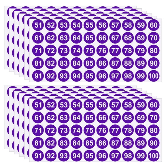 Uxcell 12 Sheets Consecutive Number Stickers51-100 Number Stickers Labels Self-Adhesive Number Decal for Office Classroom Box Storage, Purple