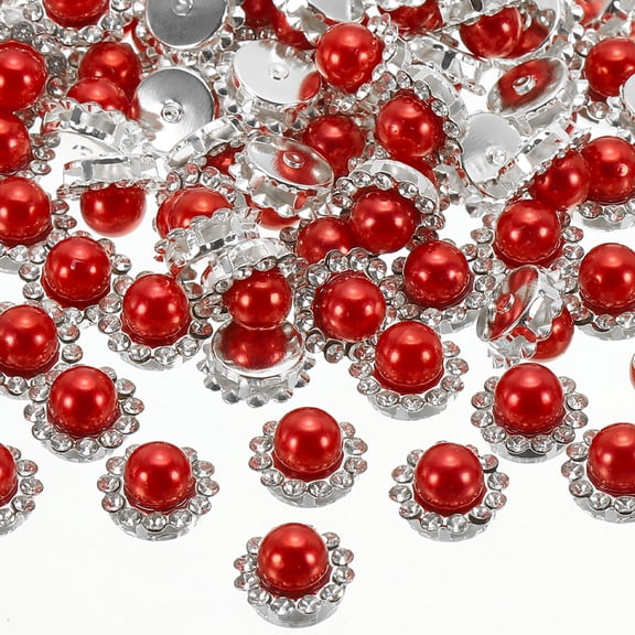 Uxcell 12 mm Pearl Sew on Rhinestones Metal Flatback Base Gems Crystals, Red 100 Pcs