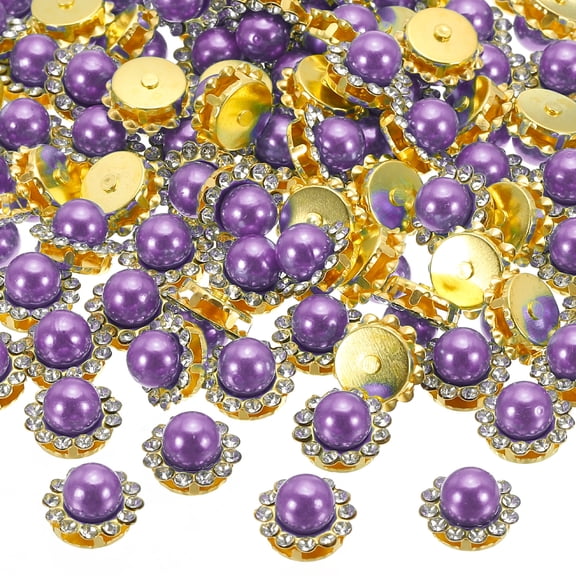 Uxcell 12 mm Pearl Sew on Rhinestones Metal Flatback Base Gems Crystals Purple 100 Pcs