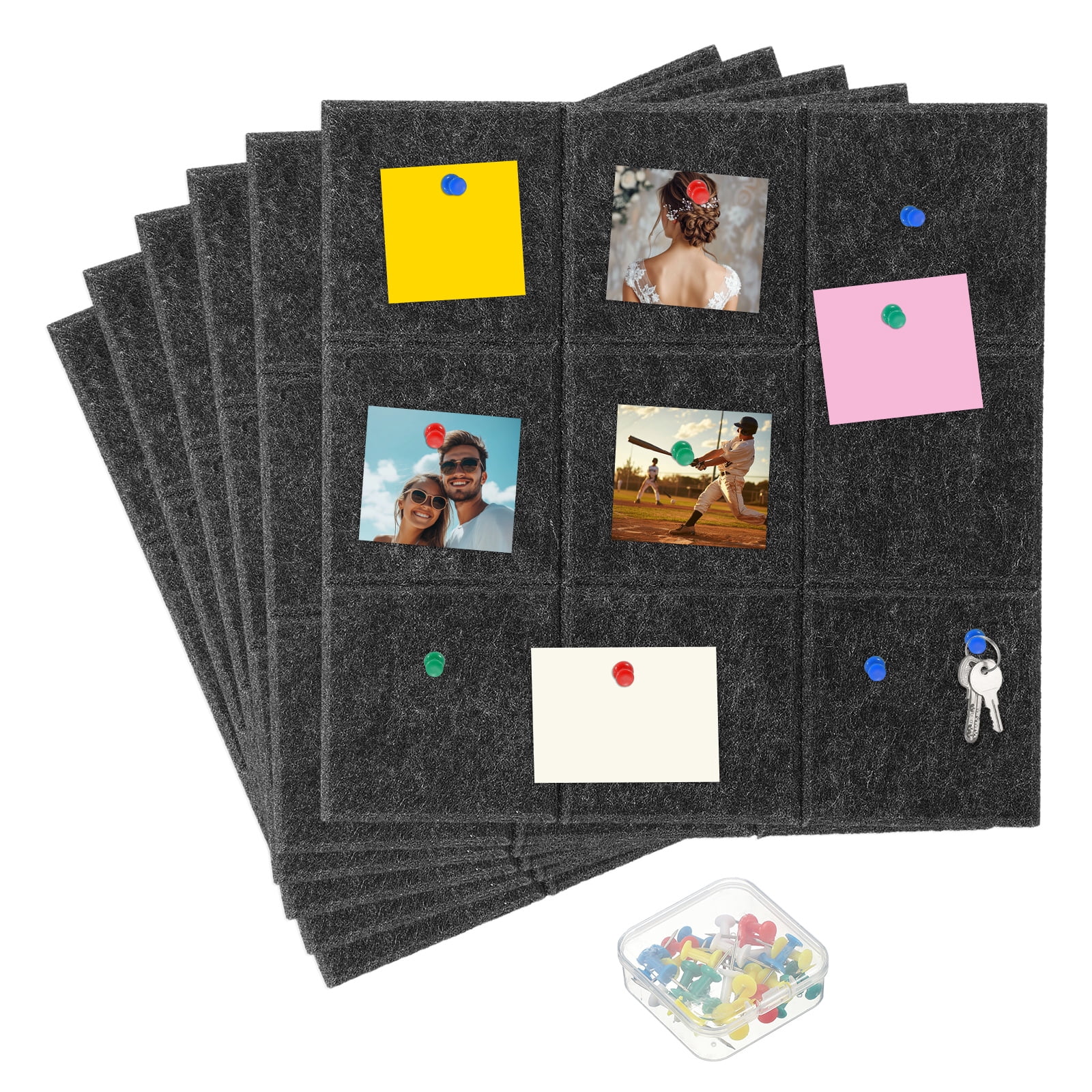 Uxcell 12" x 12" Felt Wall Tile, 6 Pack Felt Wall Tiles Bulletin Board with 20 Safe Removable Adhesive Tabs Cork Boards for Walls Home Office Photos, Black