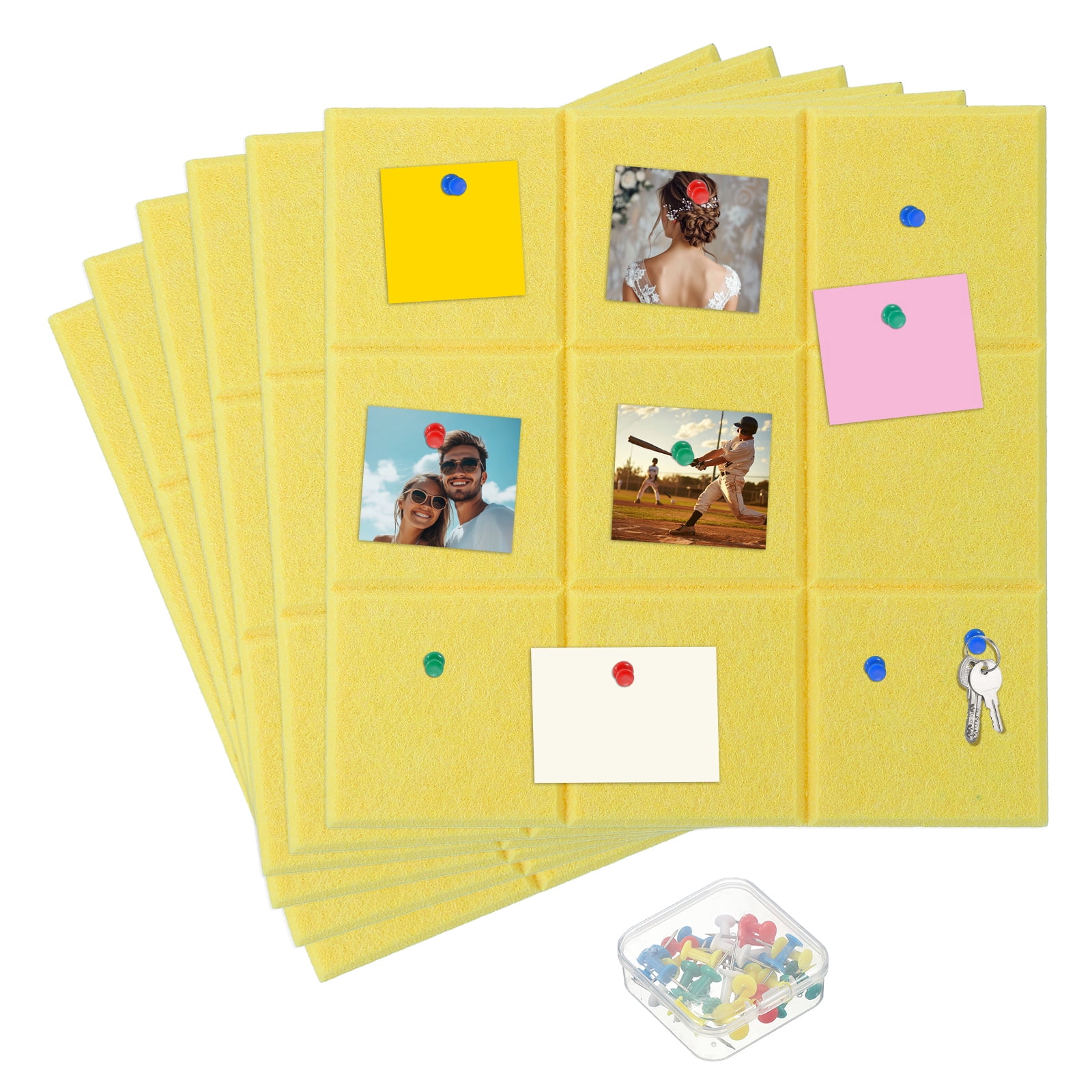 Uxcell 12" x 12" Felt Wall Tile, 6 Pack Felt Wall Tiles Bulletin Board with 20 Safe Removable Adhesive Tabs Cork Boards for Walls Home Office Photos, Lemon Yellow