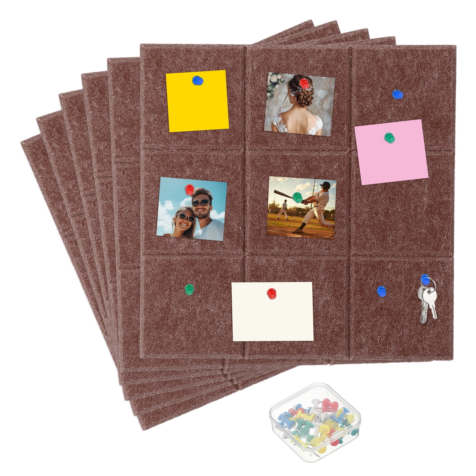 Uxcell 12" x 12" Felt Wall Tile, 6 Pack Felt Wall Tiles Bulletin Board with 20 Safe Removable Adhesive Tabs Cork Boards for Walls Home Office Photos, Red Coffee